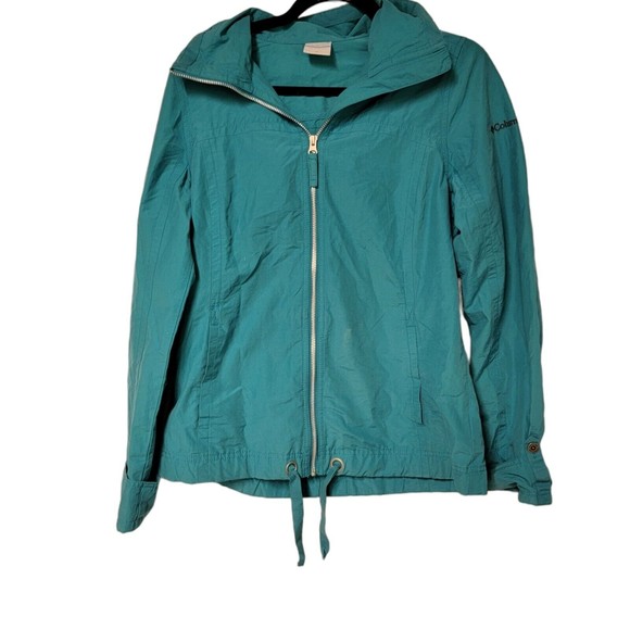 VINTAGE Columbia Jacket Womens Medium Blue Full Zip Hooded Rain Coat Pockets - Picture 2 of 7